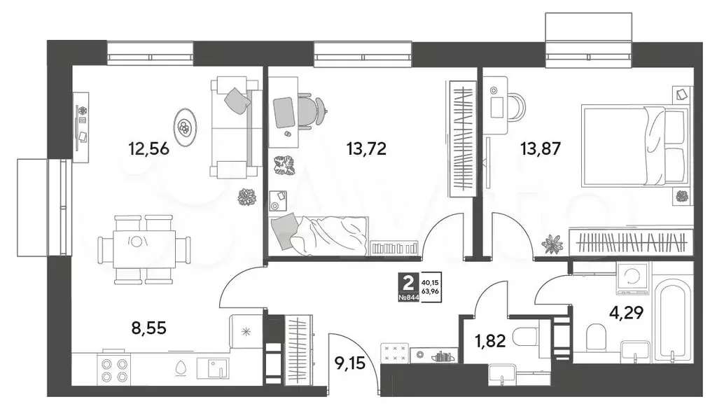 2-к. квартира, 64 м, 4/9 эт. - Фото 0
