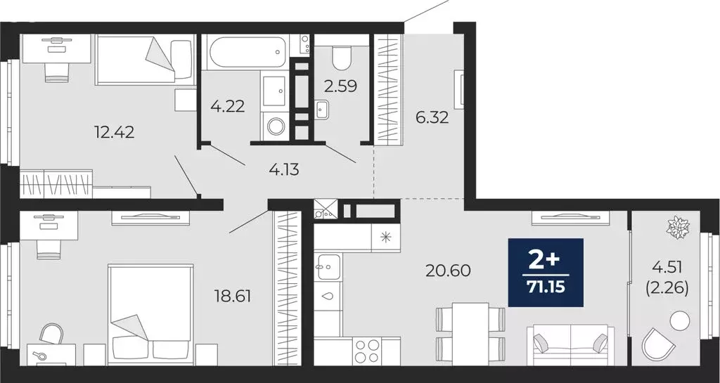 2-комнатная квартира: Тюмень, Камчатская улица, 107к1 (73.4 м) - Фото 1