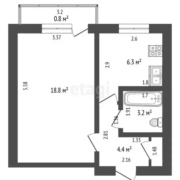 1-к кв. Башкортостан, Стерлитамак ул. Худайбердина, 56 (33.4 м) - Фото 2