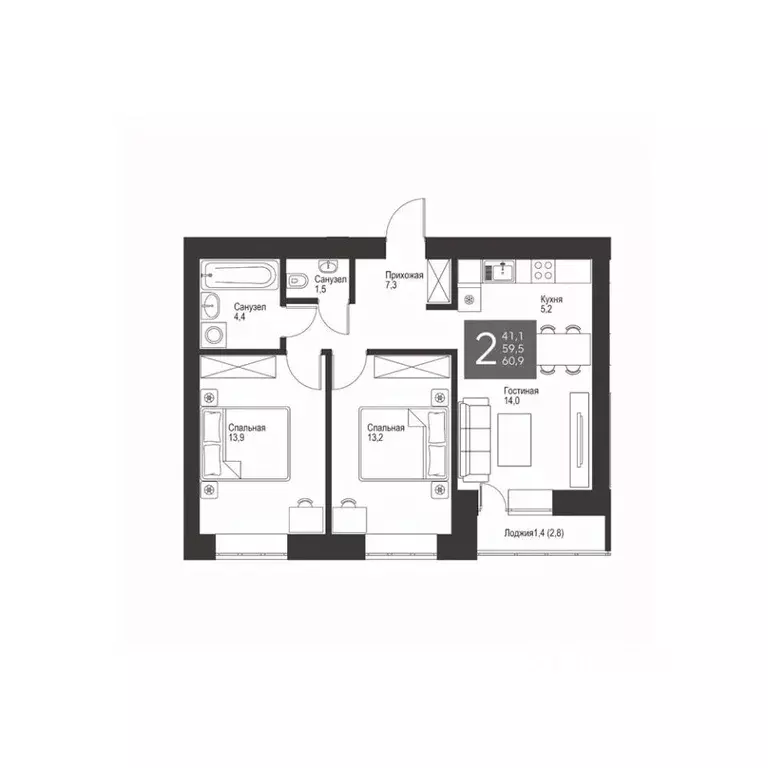 2-к кв. Татарстан, Альметьевск ул. Гафиатуллина, 60 (60.9 м) - Фото 0