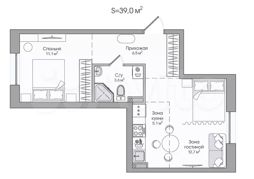 2-к. квартира, 39 м, 3/3 эт. - Фото 0