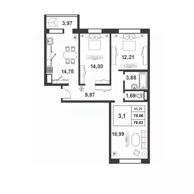 3-к кв. Новгородская область, Великий Новгород 2-й кв-л,  (75.39 м) - Фото 0