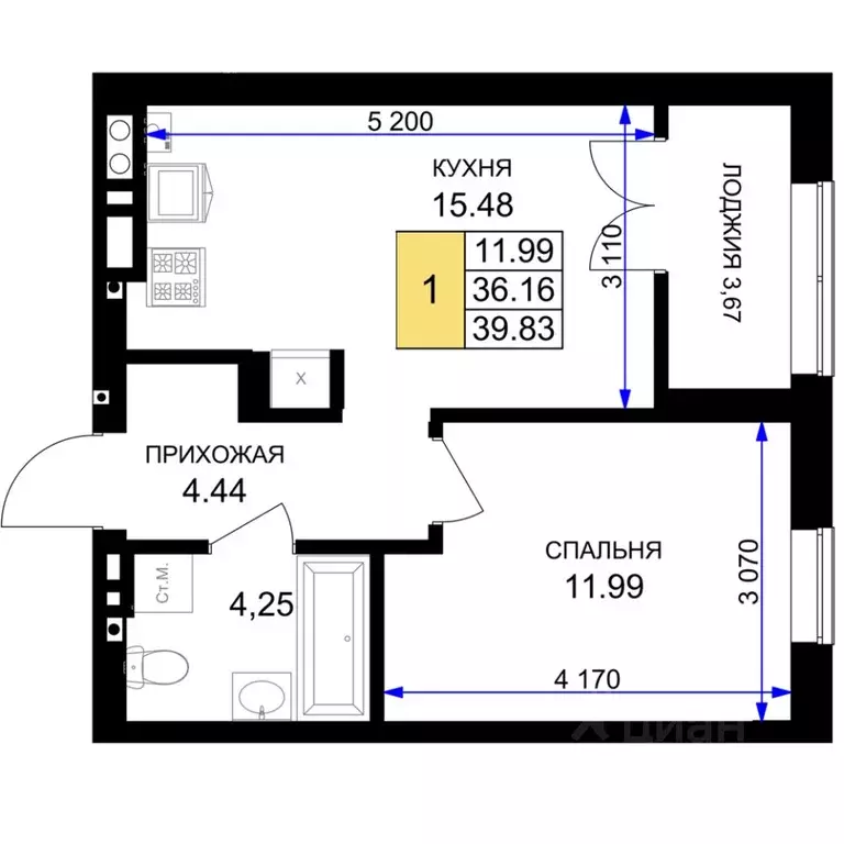 1-к кв. Калининградская область, Гурьевск Включи жилой комплекс (39.83 ... - Фото 0