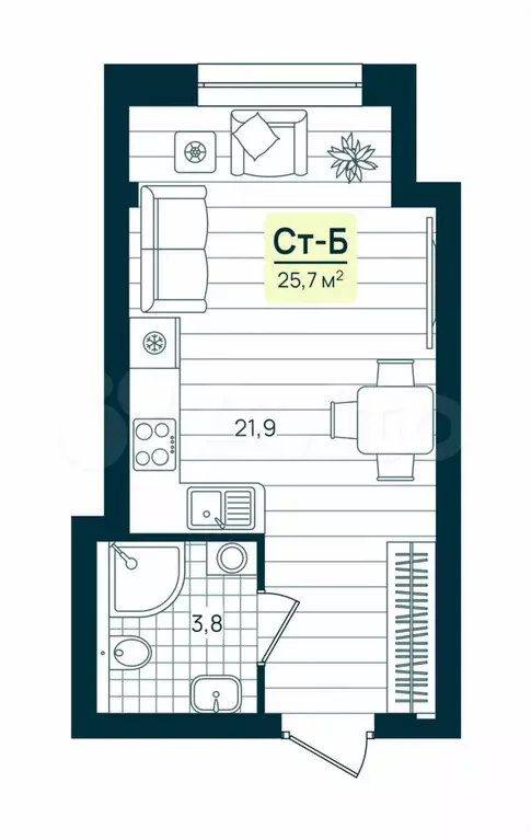 Квартира-студия, 25,7 м, 2/14 эт. - Фото 0