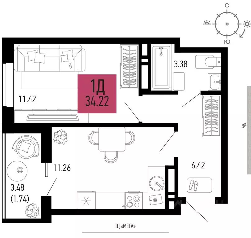 1-к кв. Ростовская область, Аксай  (34.22 м) - Фото 1