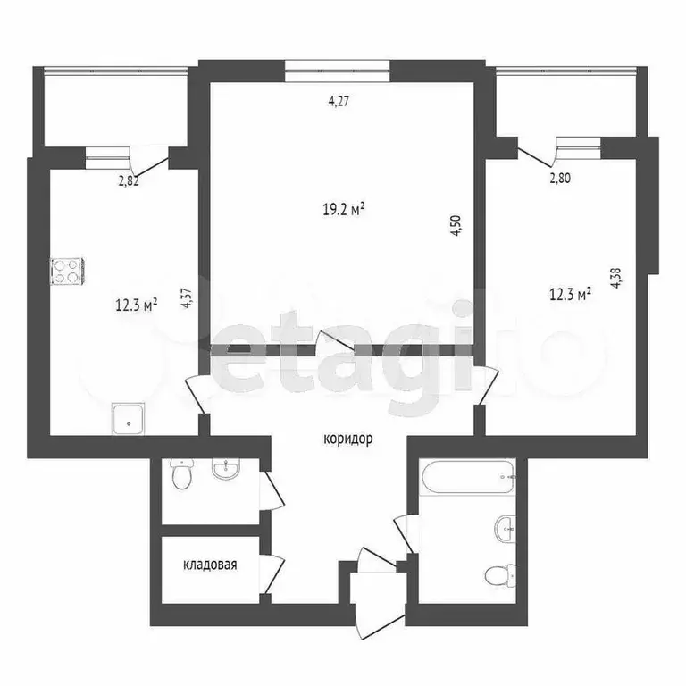 2-к. квартира, 63,8 м, 1/9 эт. - Фото 0
