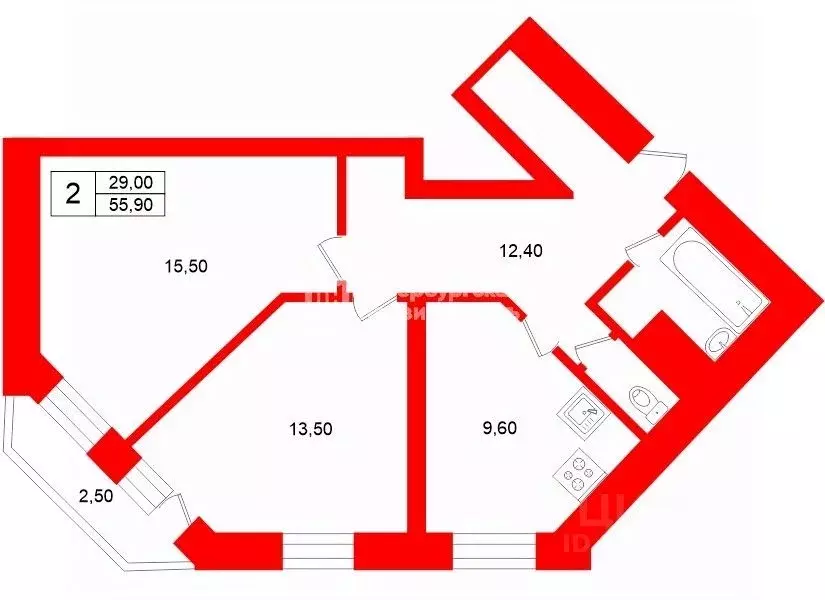 2-к кв. Санкт-Петербург Комендантский просп., 28К1 (55.9 м) - Фото 2