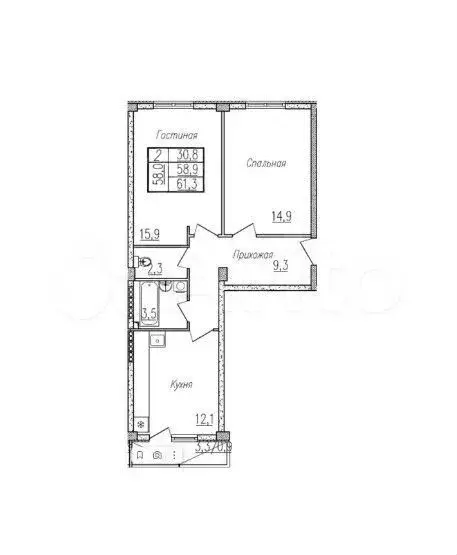 2-к. квартира, 59,8 м, 4/5 эт. - Фото 1