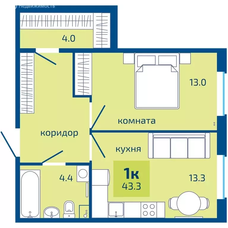1-комнатная квартира: Пермь, Целинная улица, 59к3 (43.3 м) - Фото 1