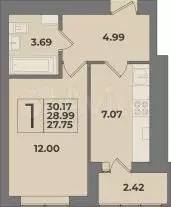 1-к. квартира, 29 м, 7/9 эт. - Фото 1