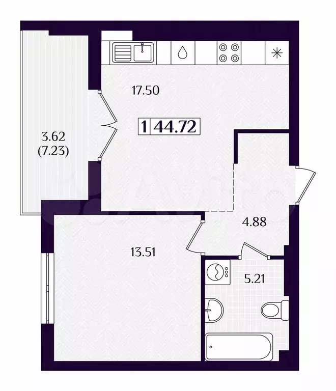 1-к. квартира, 44,7 м, 2/7 эт. - Фото 1
