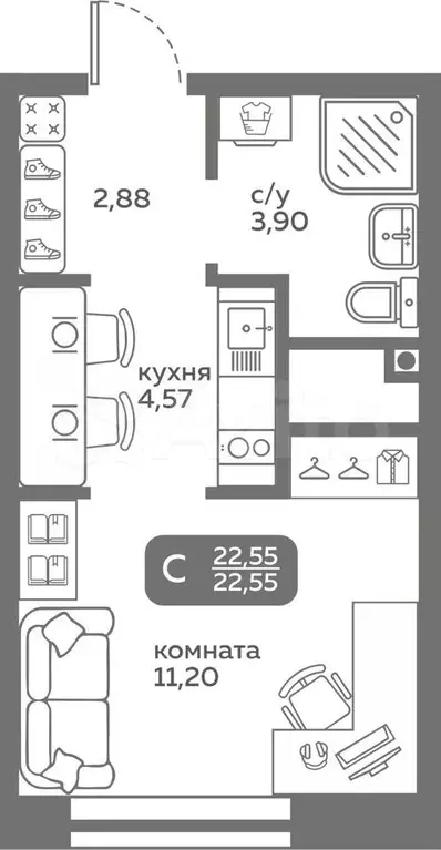 Квартира-студия, 22,6 м, 3/20 эт. - Фото 0