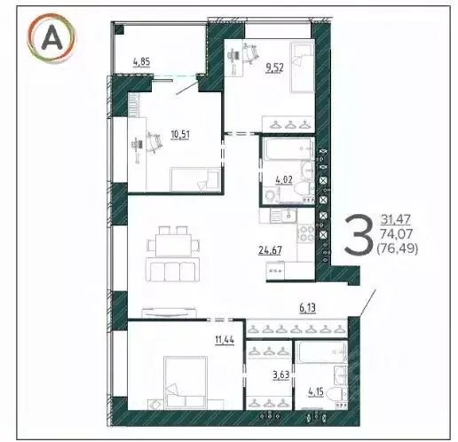 3-к кв. Брянская область, Брянск ул. Ульянова (76.49 м) - Фото 0