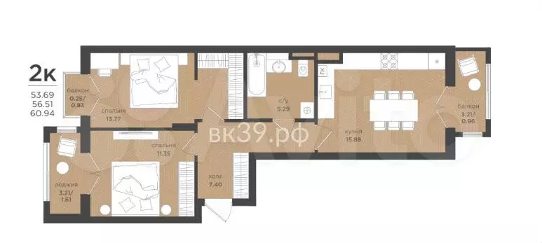 2-к. квартира, 56,5 м, 2/4 эт. - Фото 1