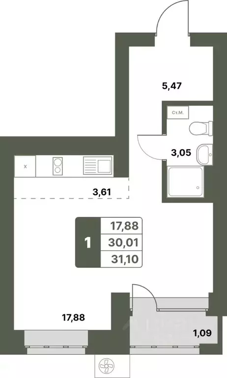 1-к кв. Башкортостан, Уфимский район, с. Миловка  (31.1 м) - Фото 0