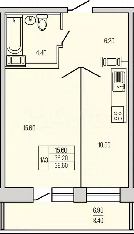 1-к. квартира, 39,6 м, 3/21 эт. - Фото 1