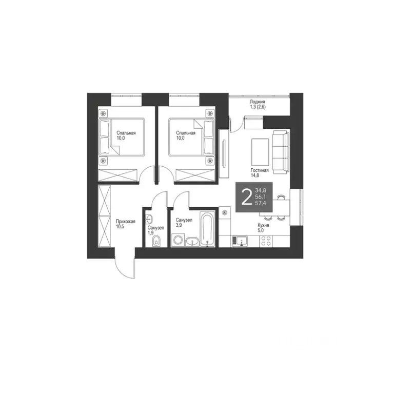 2-к кв. Татарстан, Альметьевск ул. Гафиатуллина, 60 (57.4 м) - Фото 0