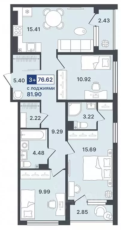 3-к кв. Тюменская область, Тобольск 10-й мкр, 43 (76.62 м) - Фото 1