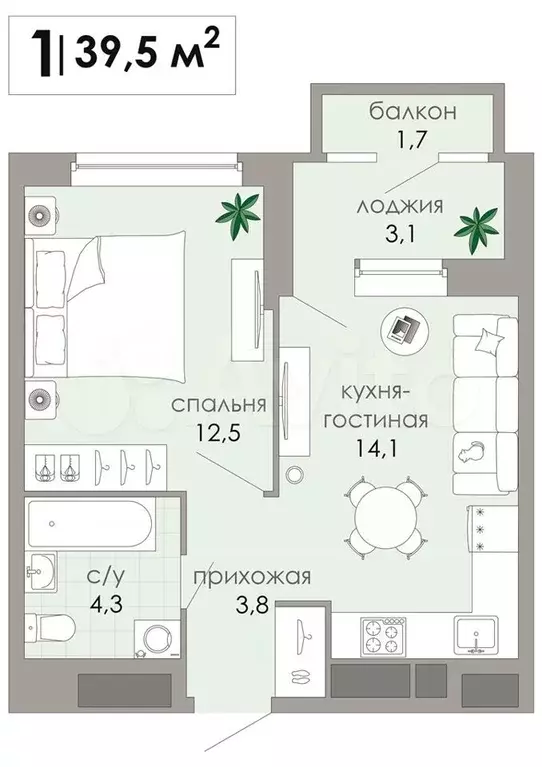 2-к. квартира, 39,5 м, 2/12 эт. - Фото 1