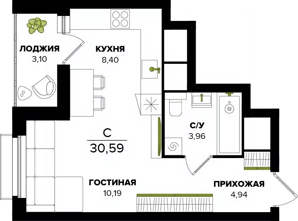 Студия Тульская область, Тула  (30.59 м) - Фото 0