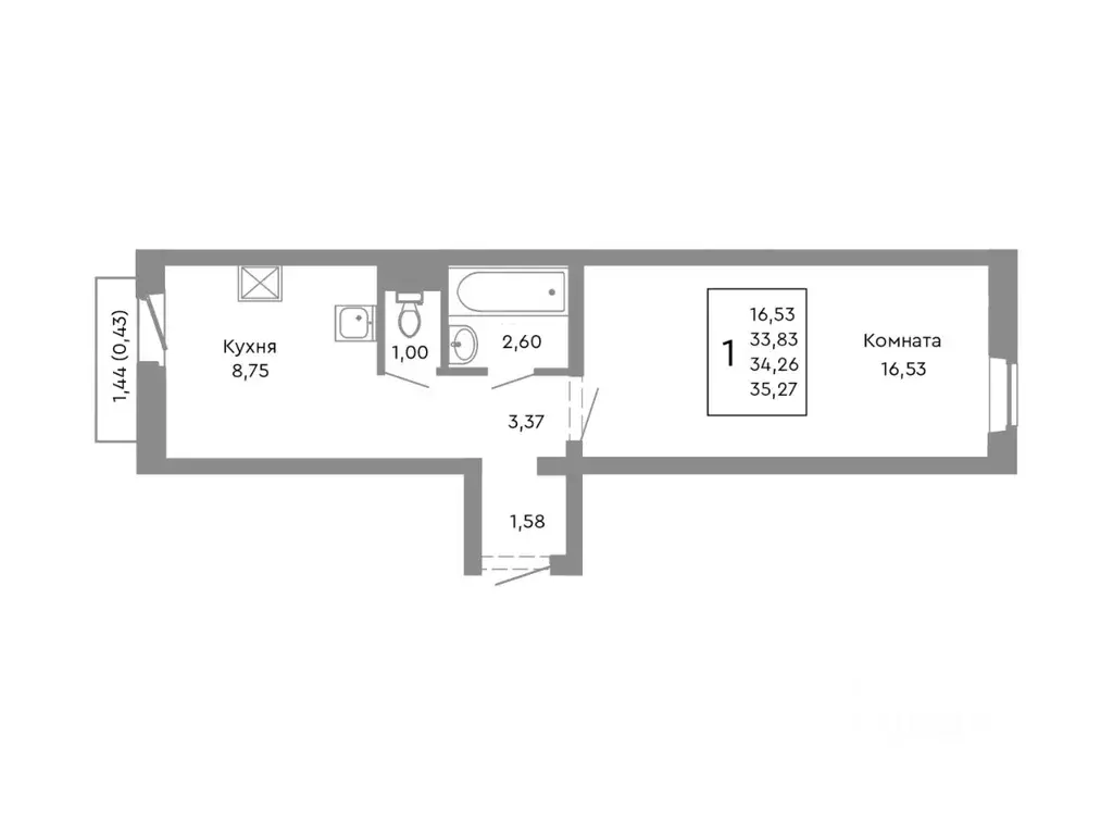 1-к кв. Челябинская область, Челябинск Нефтебазовая ул., 1-13 (34.26 ... - Фото 1