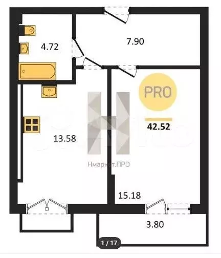 1-к. квартира, 43 м, 7/7 эт. - Фото 1