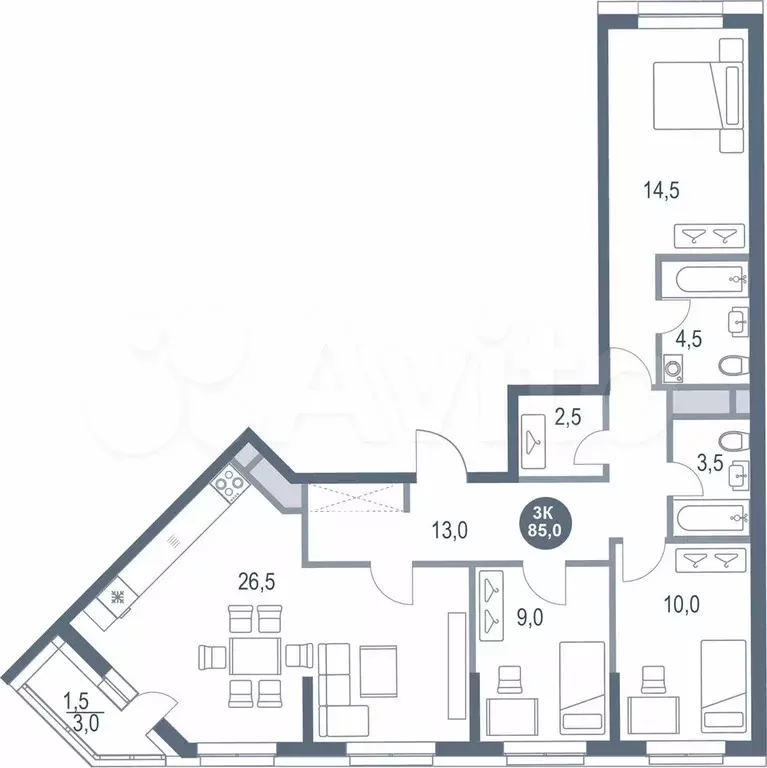 3-к. квартира, 85 м, 22/25 эт. - Фото 0