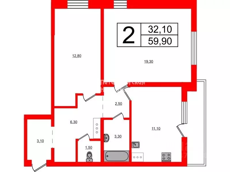 2-к кв. Санкт-Петербург ул. Корнея Чуковского, 3к4 (59.9 м) - Фото 1