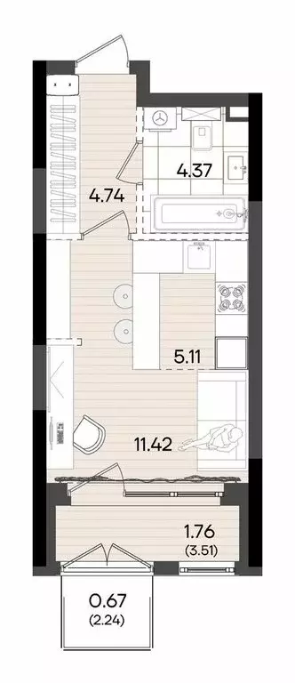 Квартира-студия: Казань, микрорайон Родины, ЖК Адали (28.07 м) - Фото 2