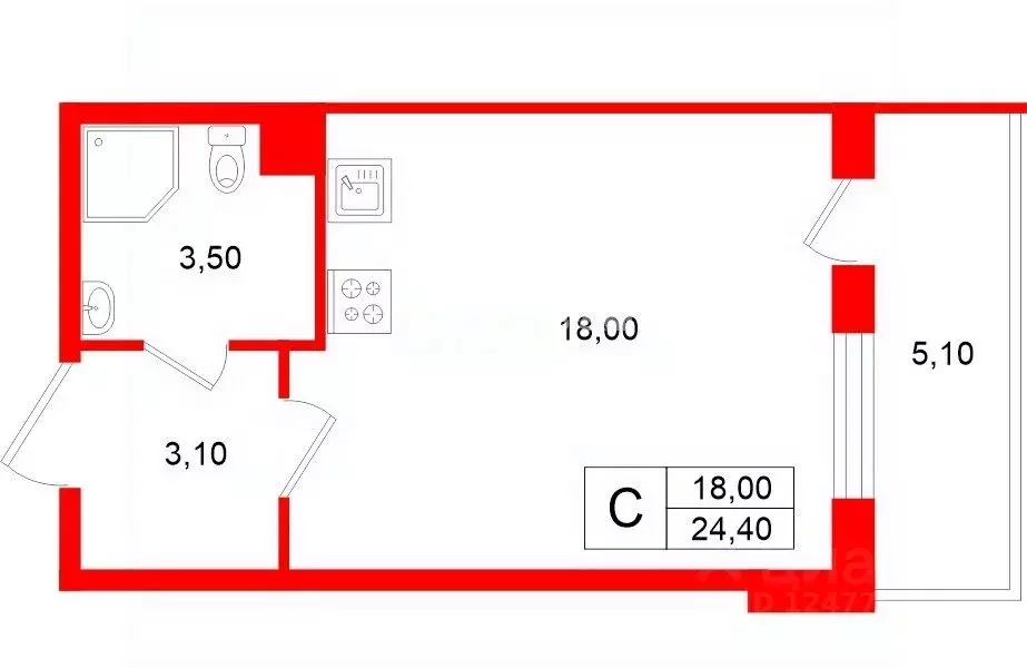 Студия Санкт-Петербург ул. Ивана Куликова, 12 (24.4 м) - Фото 2