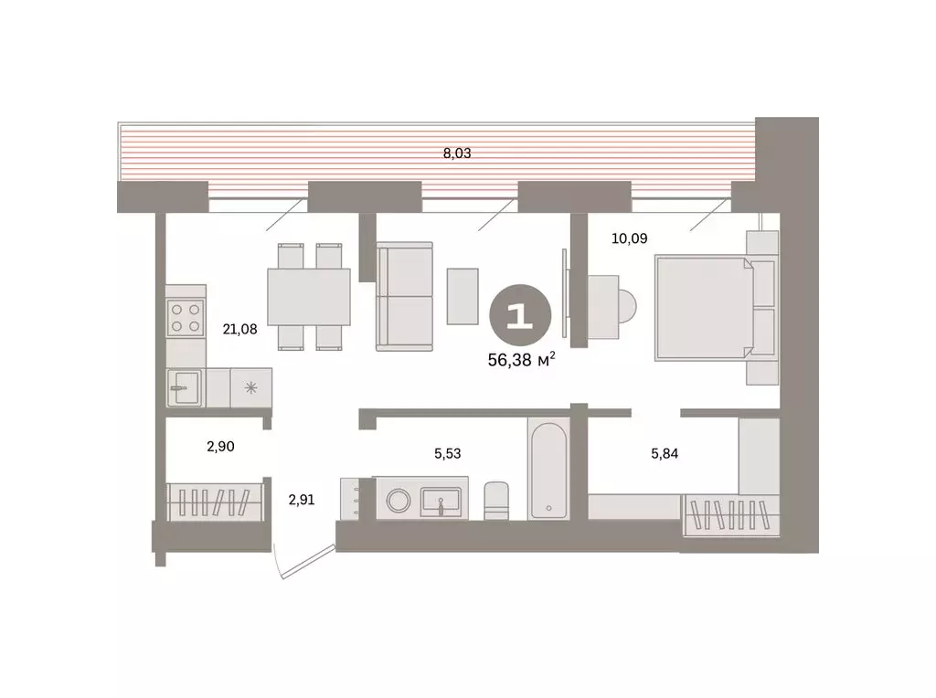 1-комнатная квартира: Тюмень, Причальная улица, 7 (56.38 м) - Фото 2