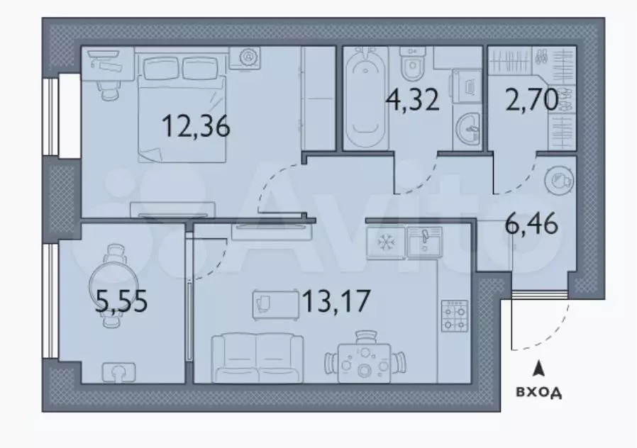 1-к. квартира, 44,6 м, 3/8 эт. - Фото 1