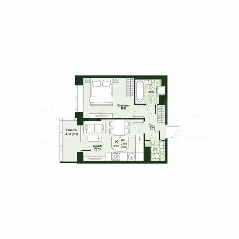 1-к. квартира, 35,9 м, 3/4 эт. - Фото 0