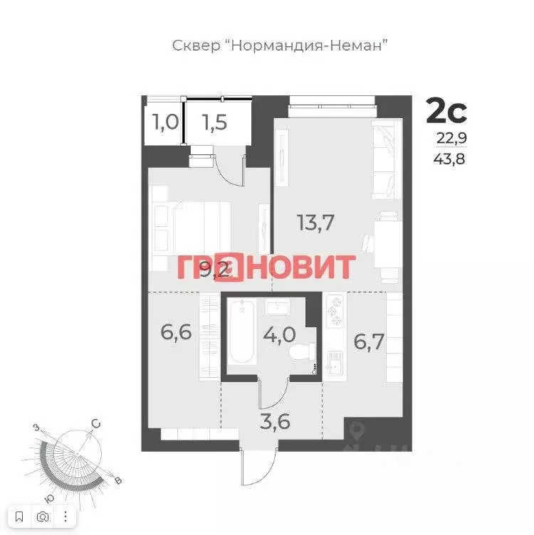 1-комнатная квартира: Новосибирск, улица Аэропорт, 49/1 (44 м) - Фото 0