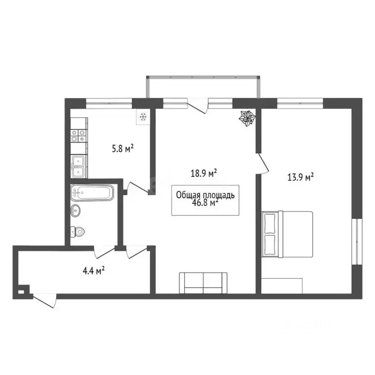 2-к кв. Новосибирская область, Новосибирск ул. Ватутина, 75/1 (46.8 м) - Фото 1
