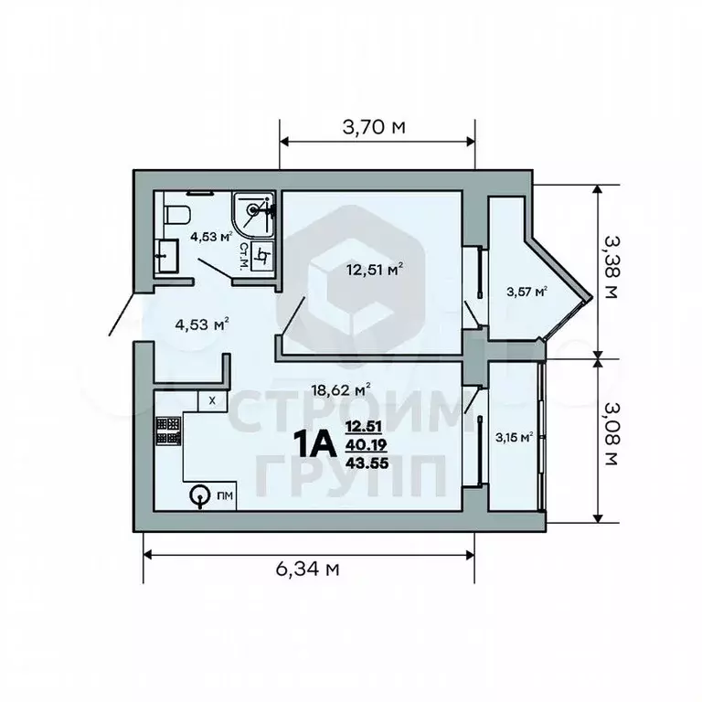 1-к. квартира, 43,6м, 4/9эт. - Фото 1