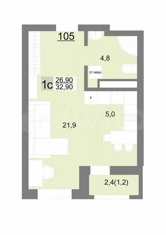 Квартира-студия, 32,9 м, 14/26 эт. - Фото 1