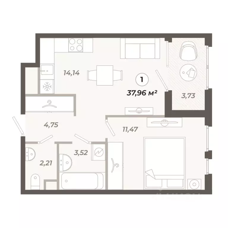 1-к кв. Санкт-Петербург ул. Коли Томчака, 21Д (37.96 м) - Фото 1