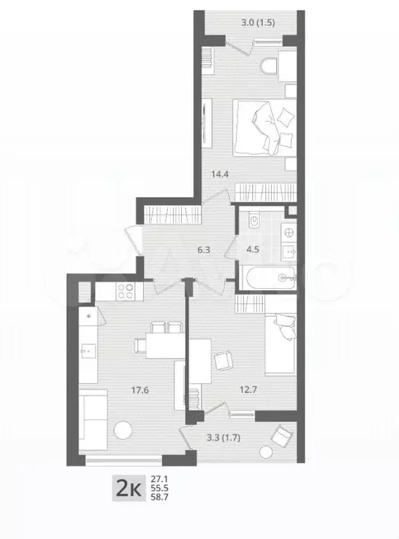 2-к. квартира, 58,7 м, 1/7 эт. - Фото 1