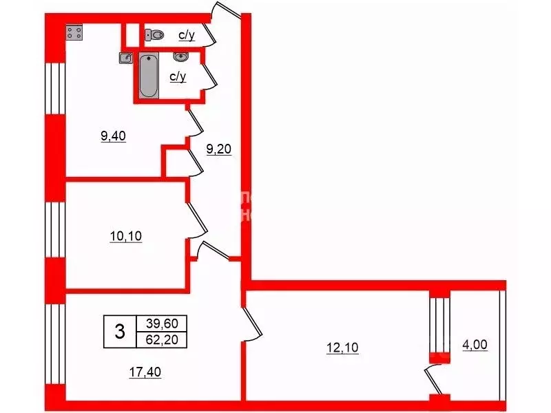 3-к кв. Санкт-Петербург ул. Олеко Дундича, 19К1 (62.2 м) - Фото 1