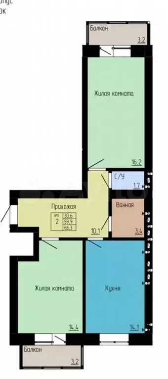 2-к. квартира, 63 м, 4/4 эт. - Фото 0