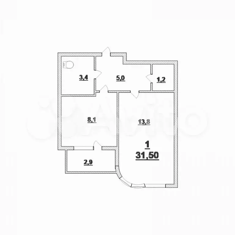 1-к. квартира, 31,5 м, 2/5 эт. - Фото 0