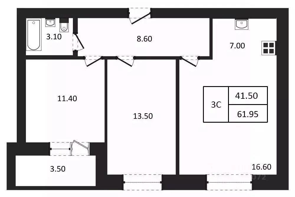 3-к кв. Новосибирская область, Новосибирск  (61.95 м) - Фото 1