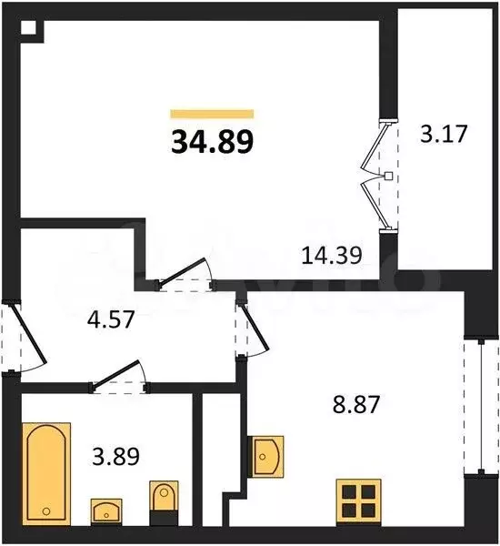 1-к. квартира, 34,9 м, 1/9 эт. - Фото 1
