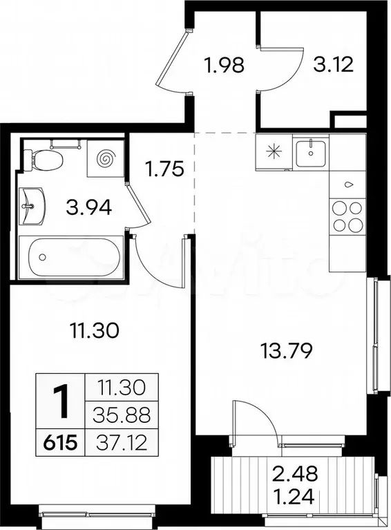 1-к. квартира, 37,1 м, 2/9 эт. - Фото 0