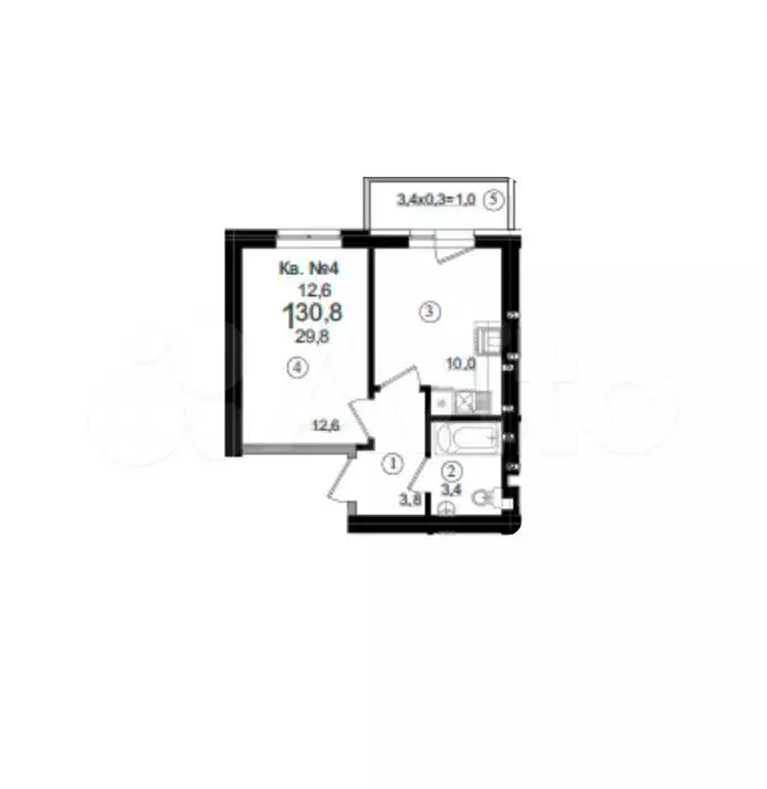 1-к. квартира, 30,8 м, 1/5 эт. - Фото 1
