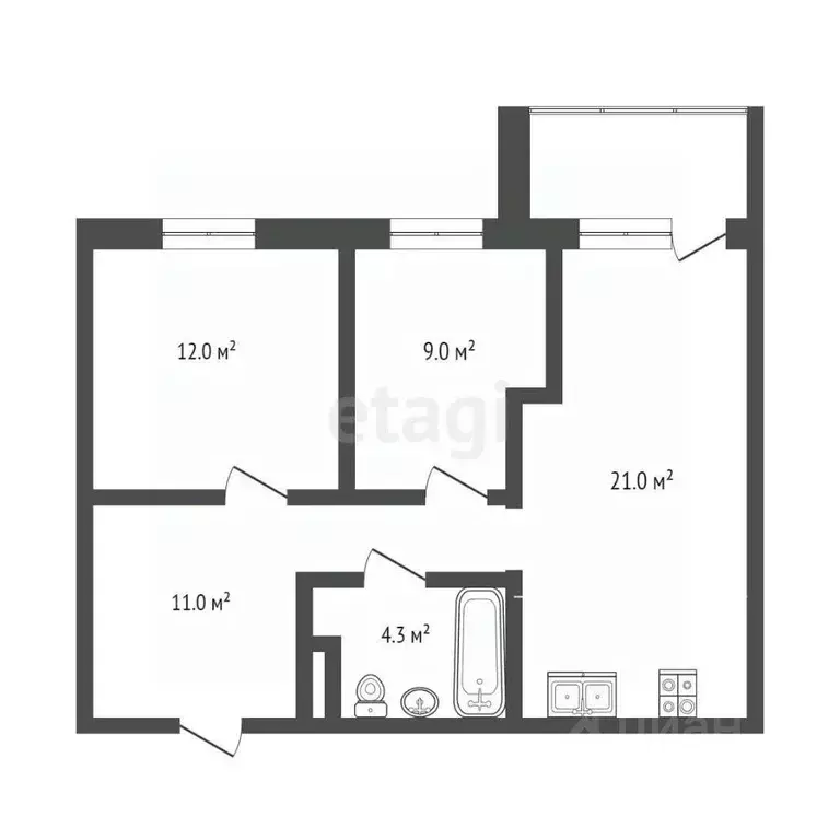 2-к кв. Тюменская область, Тюмень Профсоюзная ул., 61 (56.0 м) - Фото 2