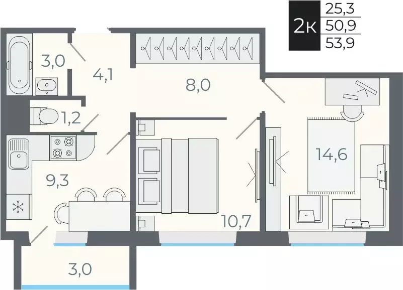 2-комнатная квартира: посёлок Садовый, микрорайон Околица, 5 (53.2 м) - Фото 0