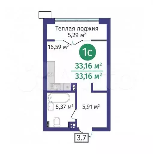 Квартира-студия, 33,2 м, 2/24 эт. - Фото 1