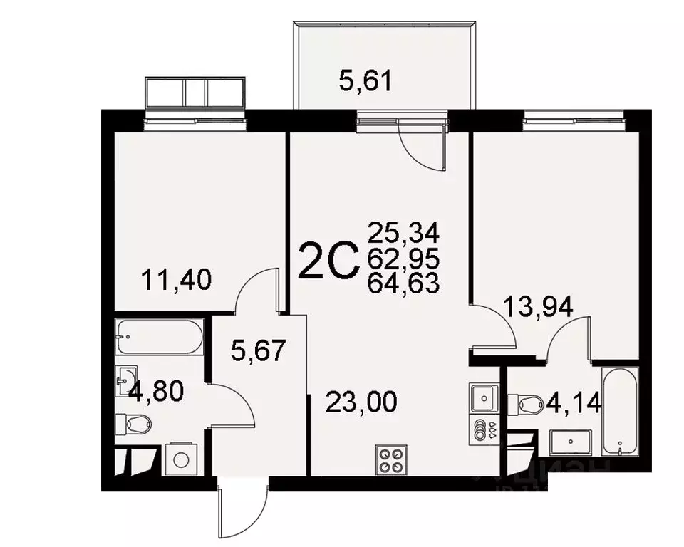 2-к кв. Тульская область, Тула Хлебная пл. (62.95 м) - Фото 0